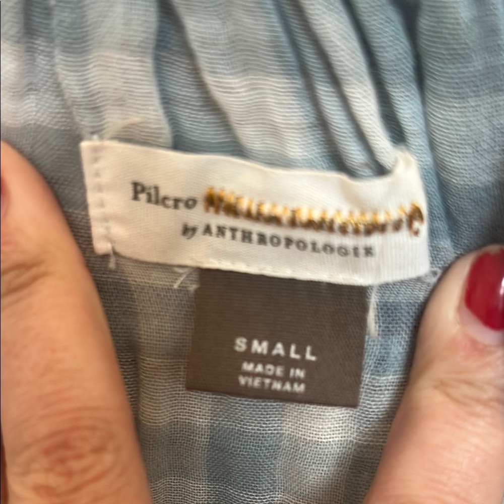 Anthropologie Blue and White Tiered Puff Sleeve Blouse - Picture 2 of 2